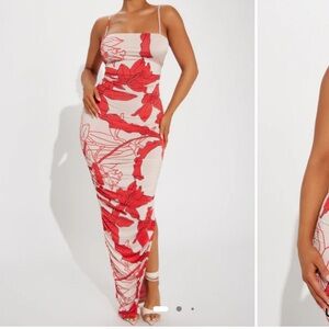 Fashion Nova Cream Midi Dress with Red Floral Print